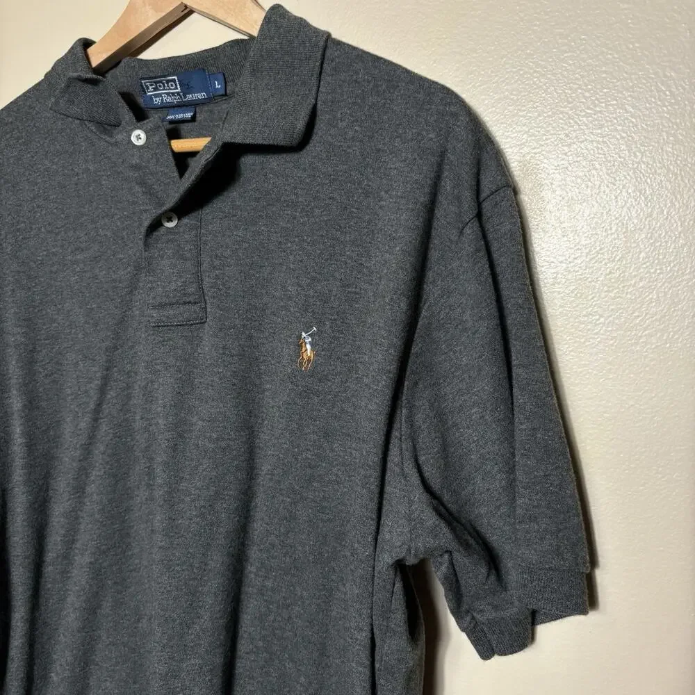 Polo Ralph Lauren Mens Dark Gray Short Sleeve Polo Sz L Soft Flesh Colored Pony